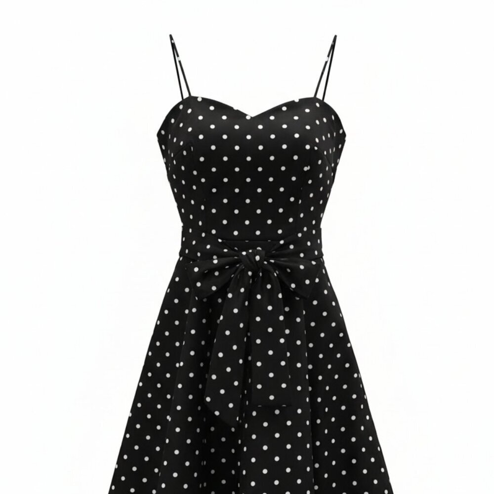Onyx Nite Black White Polka Dot Midi Dress Medium Large Retro A-Line Cocktail